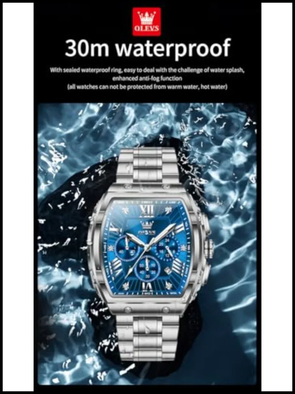 Mens Analog Chronograph Watch Square Dress Stainless Steel Waterproof Luminous